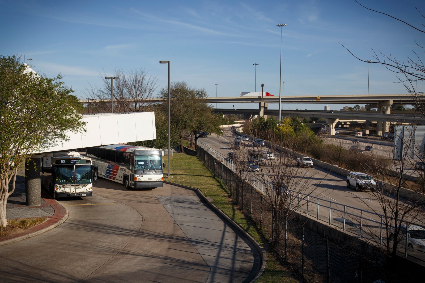 The Northwest Transit Center, a Houston park-and-ride where several bus stops converge, and a possible location for the proposed high-speed rail line from Dallas, on February 16, 2017.