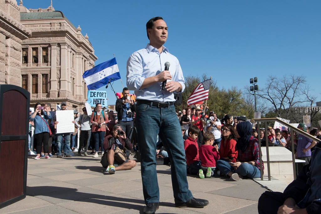 Congressman Joaquin Castro, D-San Antonio, speaks to thousands gathered at the Texas Capitol for the #NoBanNoWall rally Saturday, Feb. 25, 2017 at the Texas Capitol.