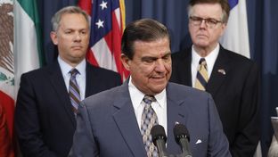 Senator Eddie Lucio, Jr., D-Brownsville, speaking in favor of SB6, the so-called "bathroom bill," on March 6, 2017. Behind him are Lt. Gov. Dan Forest, Republican of North Carolina, and Lt. Gov. Dan Patrick.