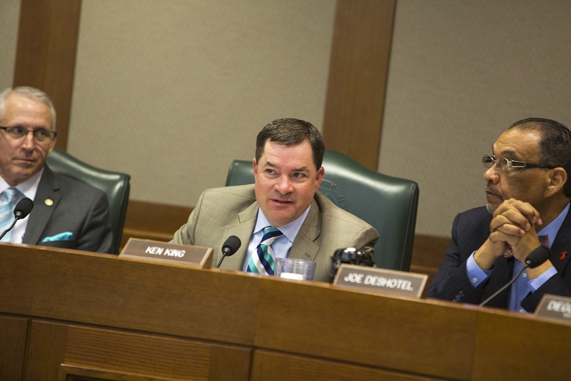 State Reps. (l-r) Gary VanDeaver, R-New Boston, Ken King, R-Canadian and Joe Deshotel, D-Beaumont at a Public Education meeting on March 7, 2017.