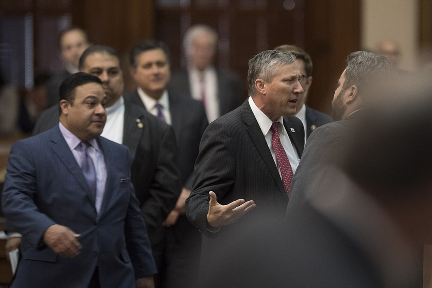 State Reps. Drew Springer, R-Muenster, and Jonathan Stickland, R-Bedford, in a heated exchange over a feral hog amendment to the House budget on April 6, 2017.