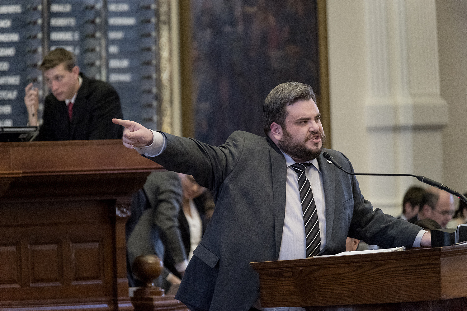 An early moment of contention arose after state Rep. Sergio Muñoz, D-Palmview, passed an amendment to strip $43 million from the governor’s Texas Enterprise Fund. Here, Rep. Jonathan Stickland, R-Bedford, delivers an angry speech denouncing the vote.