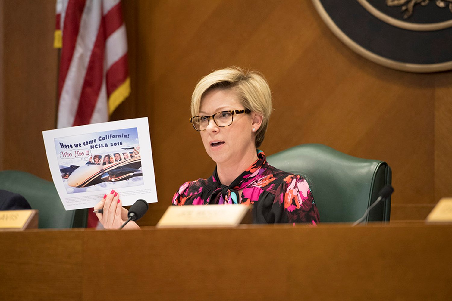State Rep. Sarah Davis, R-West University Place, chairwoman of the Committee on General Investigating and Ethics, holds up a TABC flyer at a hearing on April 13, 2017.