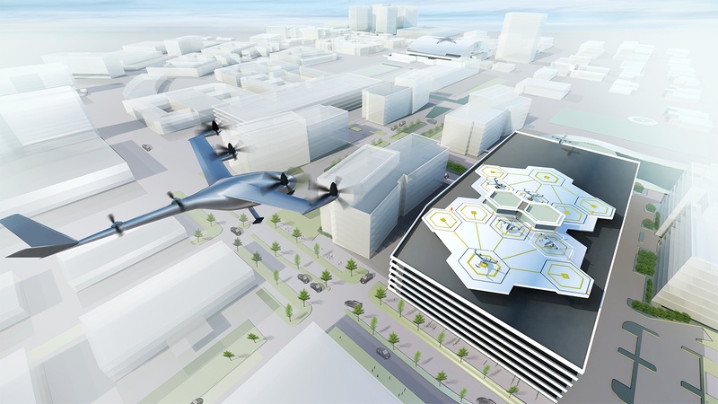 Artist's visualization of a Vertical Take-off and Landing (VTOL) aircraft in Dallas.