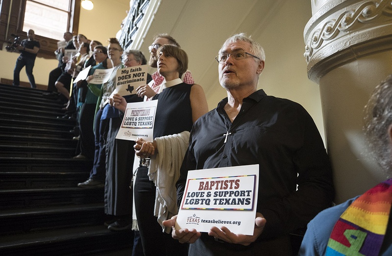 Members of the clergy and others supporting LGBT rights gather outside the Texas House chamber May 3, 2017 to show support for the community affected by "bathroom bill" legislation pending at the 85th Legislature. 