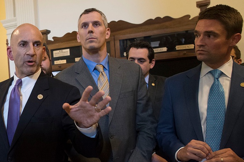 State Rep. Matt Shaheen, R-Plano, Rep. Matt Schaefer, R-Tyler and Rep. Jeff Leach, R-Plano announce their intent as part of the Texas Freedom Caucus to kill more than 100 bills on May 11, 2017. 