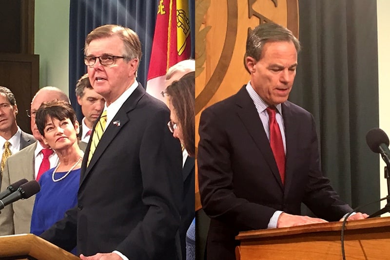 Lt. Gov. Dan Patrick, left, and House Speaker Joe Straus, right, from dueling press conferences they each held on May 26, 2017.