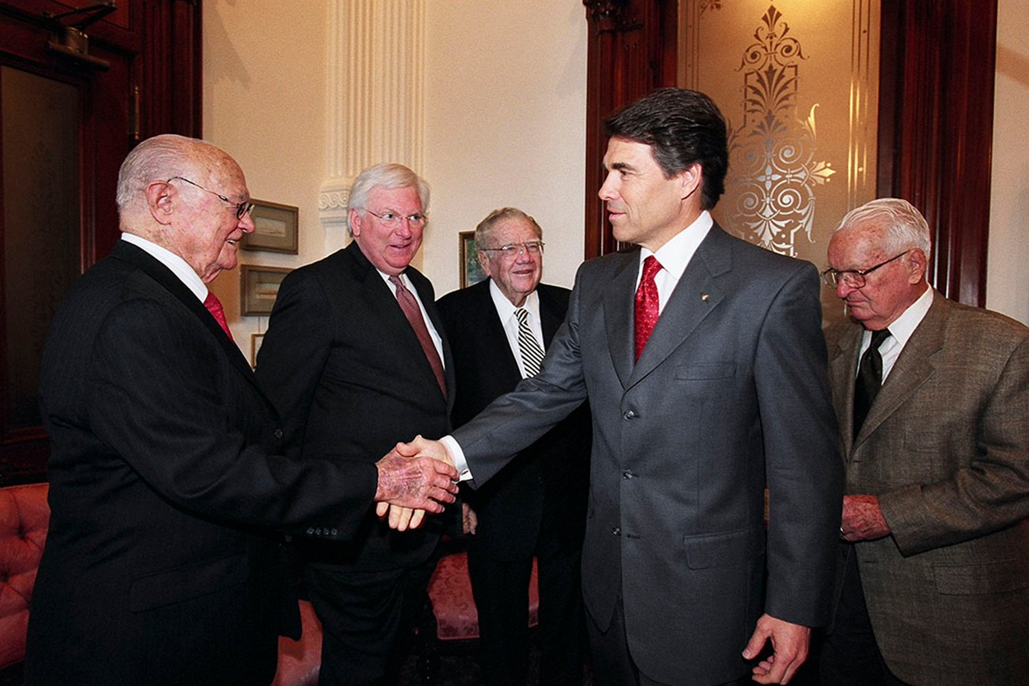 Five Texas governors, photographed together in 2003 (left to right): Preston Smith, Mark White, Dolph Briscoe, Rick Perry and Bill Clements. 