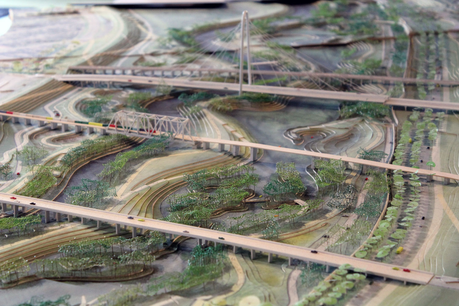 Dallas nonprofit Trinity Park Conservancy houses a large model of the urban park city leaders hope to build inside the Trinity River floodplain. 