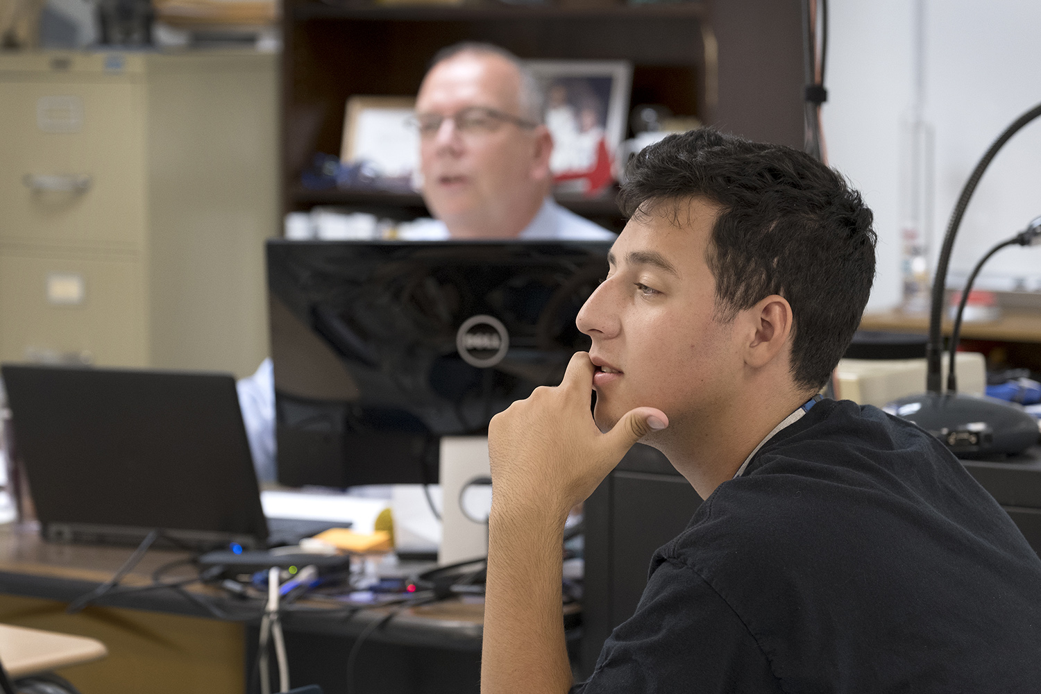 Joey Amador, a Coleman High School senior, is taking Strickland's computer science class on the first day of school.