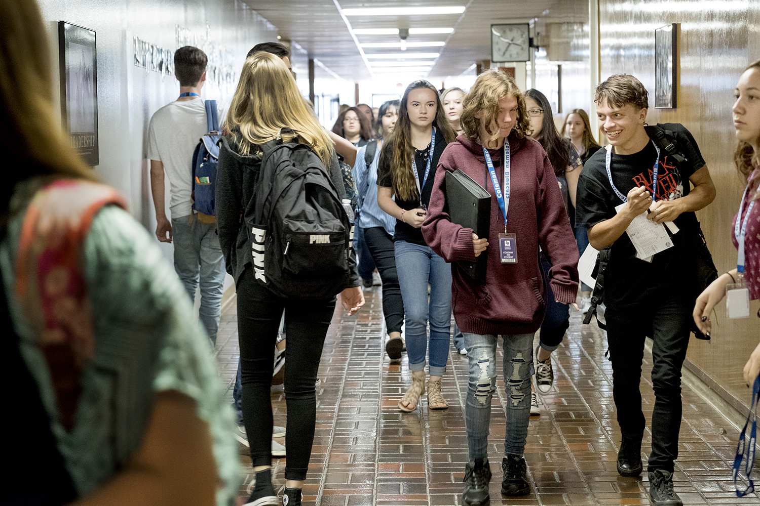 Students fill the hallway as school lets out on the first day of the school year at Coleman High School on August 24, 2017. 