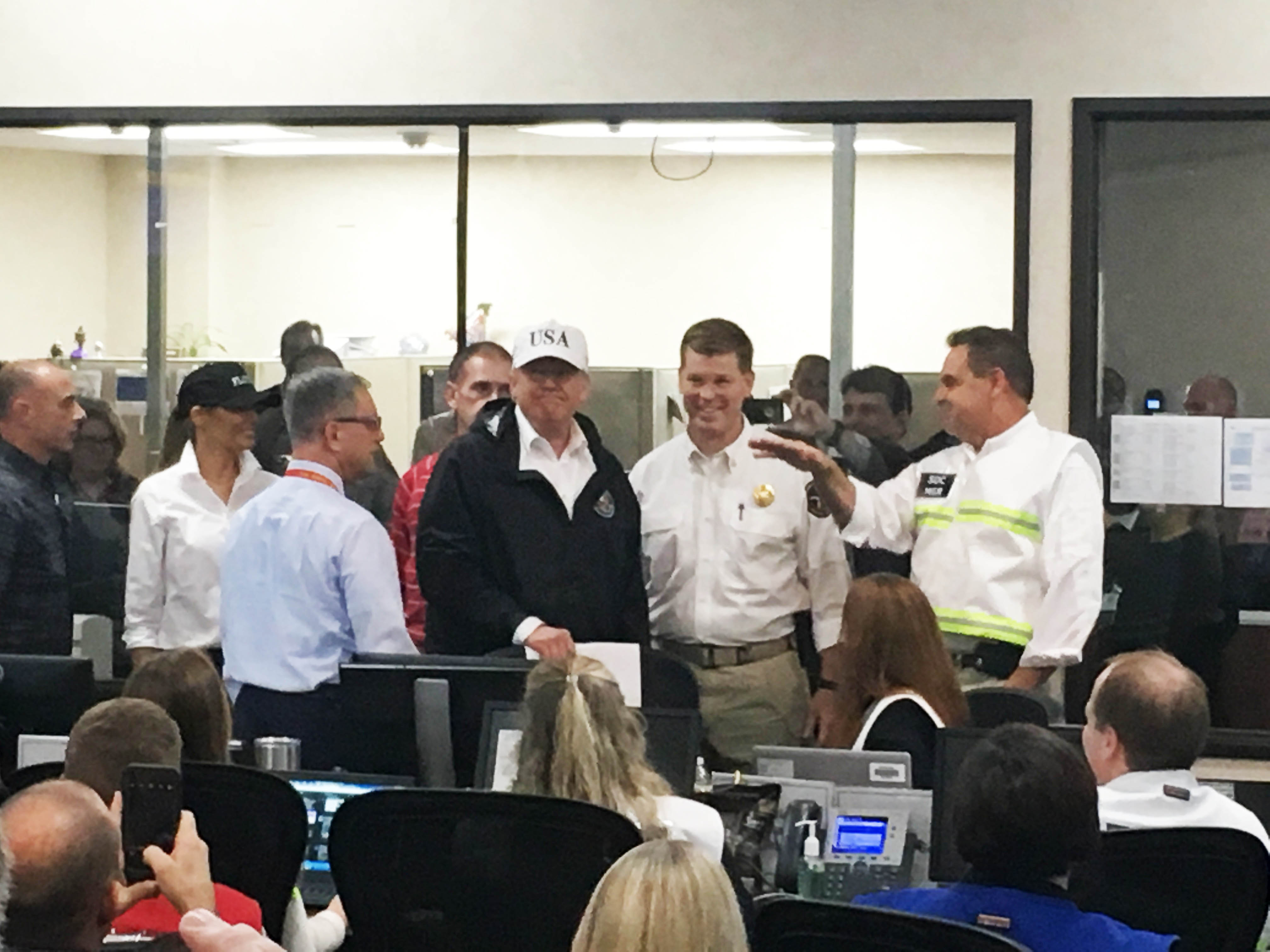 President Donald Trump and First Lady Melania Trump, on a Texas swing to survey damage from Hurricane Harvey, tour the Texas Division of Emergency Management in Austin on Aug. 29, 2017. 