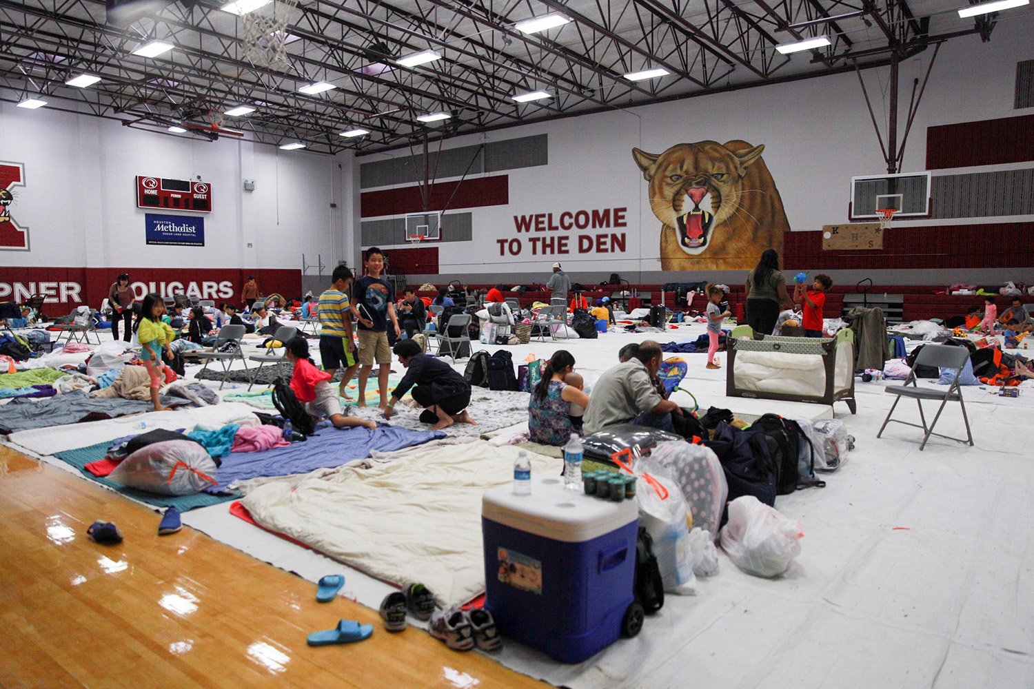 The gym at Kempner High School in Sugarland in Fort Bend Co. southwest of Houston has been converted to a shelter.