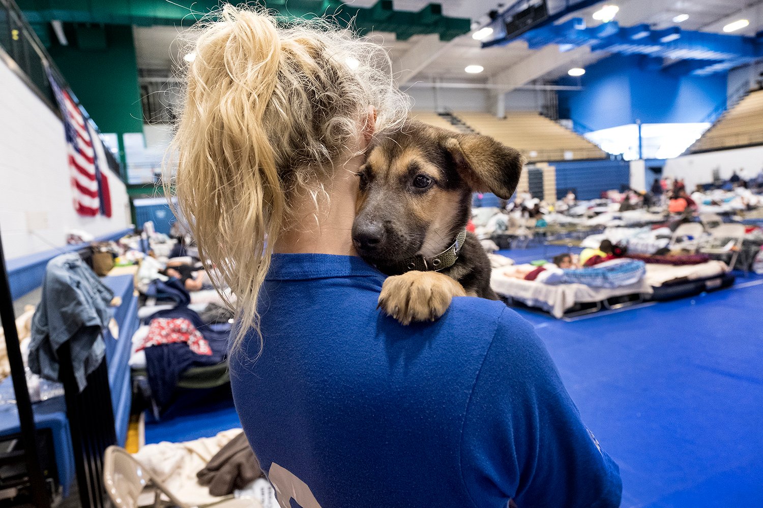 Tesa Rutherford, 21, and her fiancé Brandon Olivarez, 22 recently moved to Rockport, where they lost everything to Hurricane Harvey. When they went to check on their property, they found a puppy, rescued him and named him Harvey. They took shelter at the Wilhemina Delco Center emergency hurricane shelter in Austin, Texas on Tuesday, August 29, 2017.