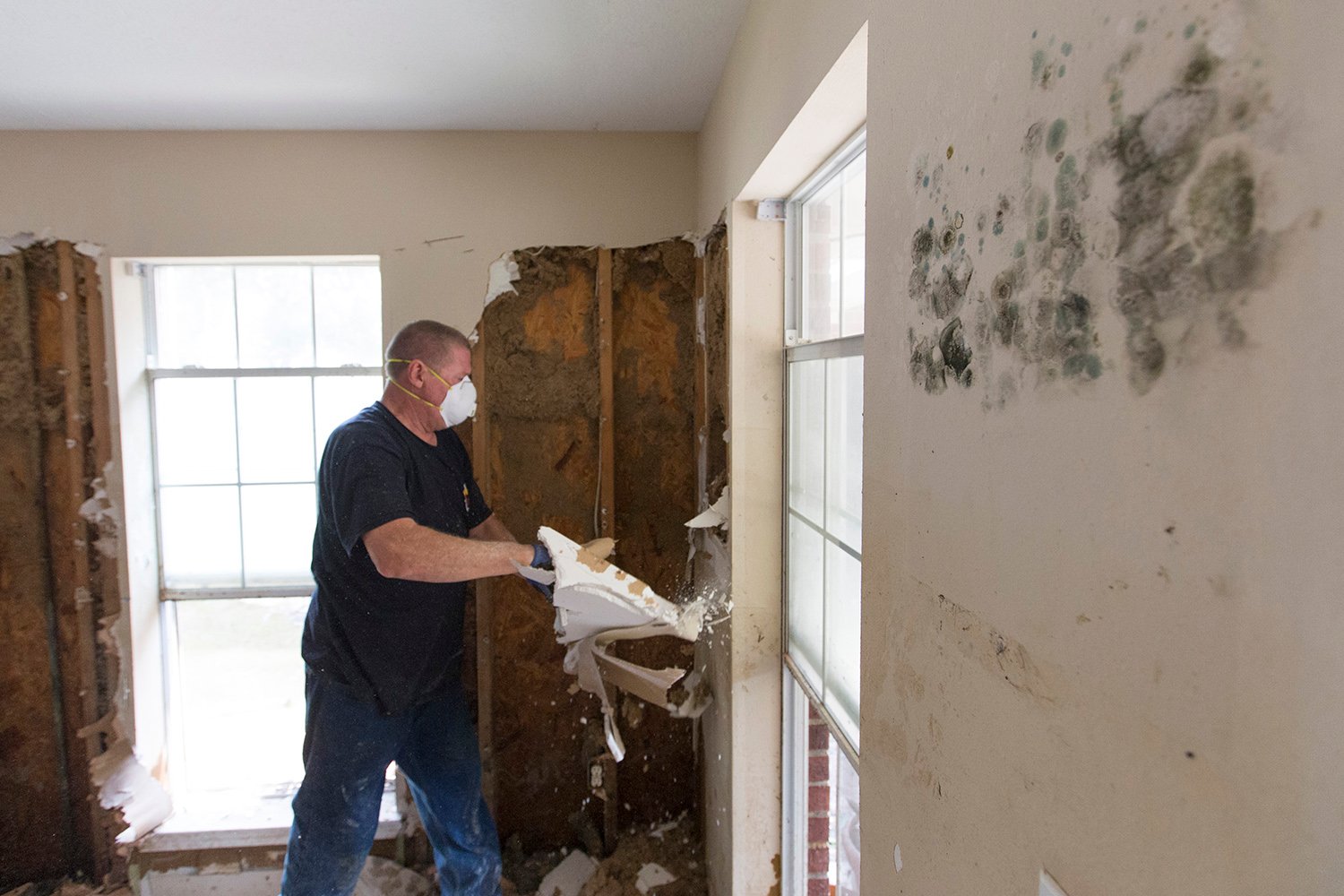 Robert McLaughlin removing sheetrock from a flooded home with mold growing on the walls in Rose City.