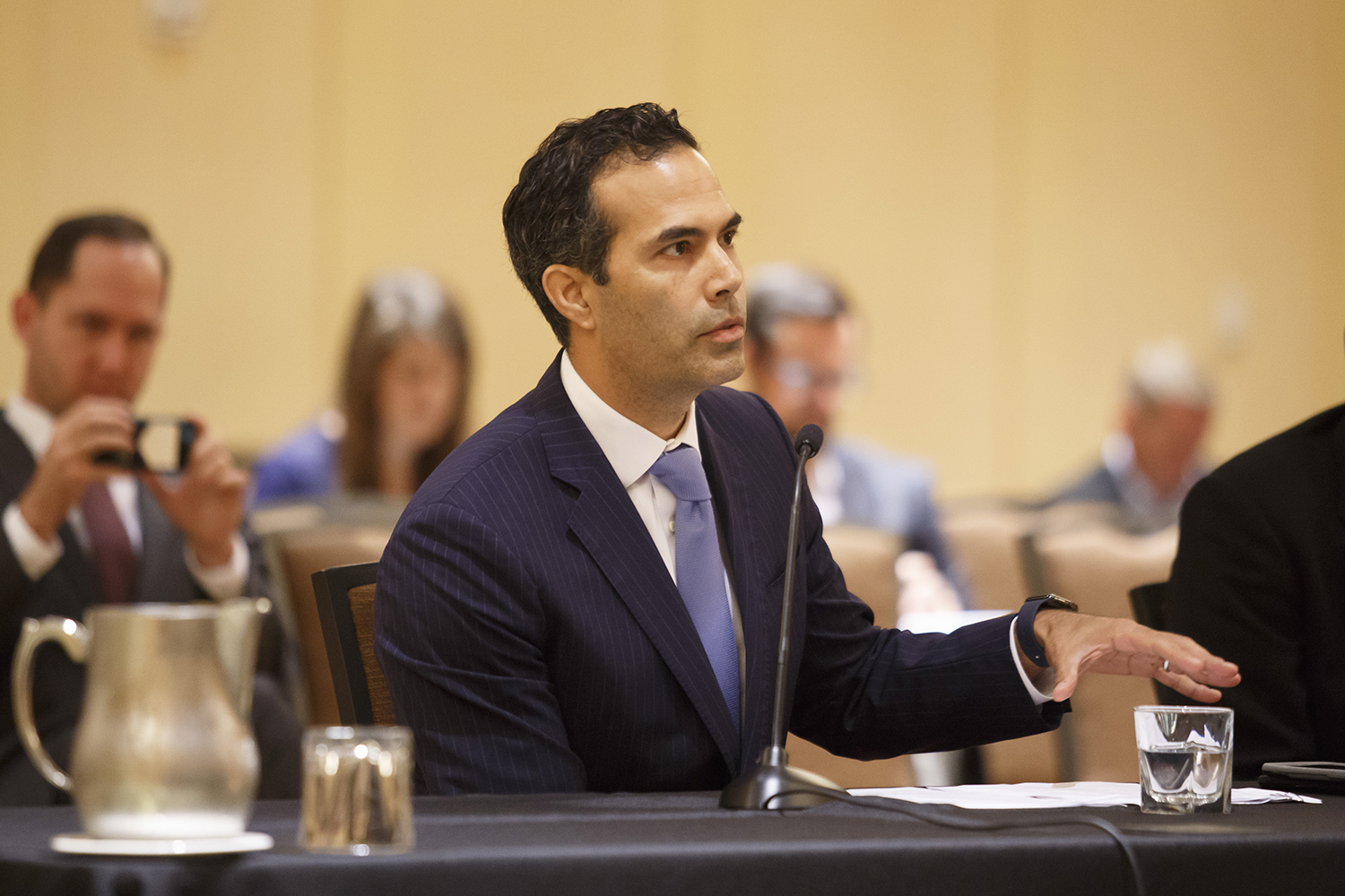 Texas Land Commissioner George P. Bush speaks to the Texas House Urban Affairs Committee during a special Houston meeting on Hurricane Harvey in October 2017.