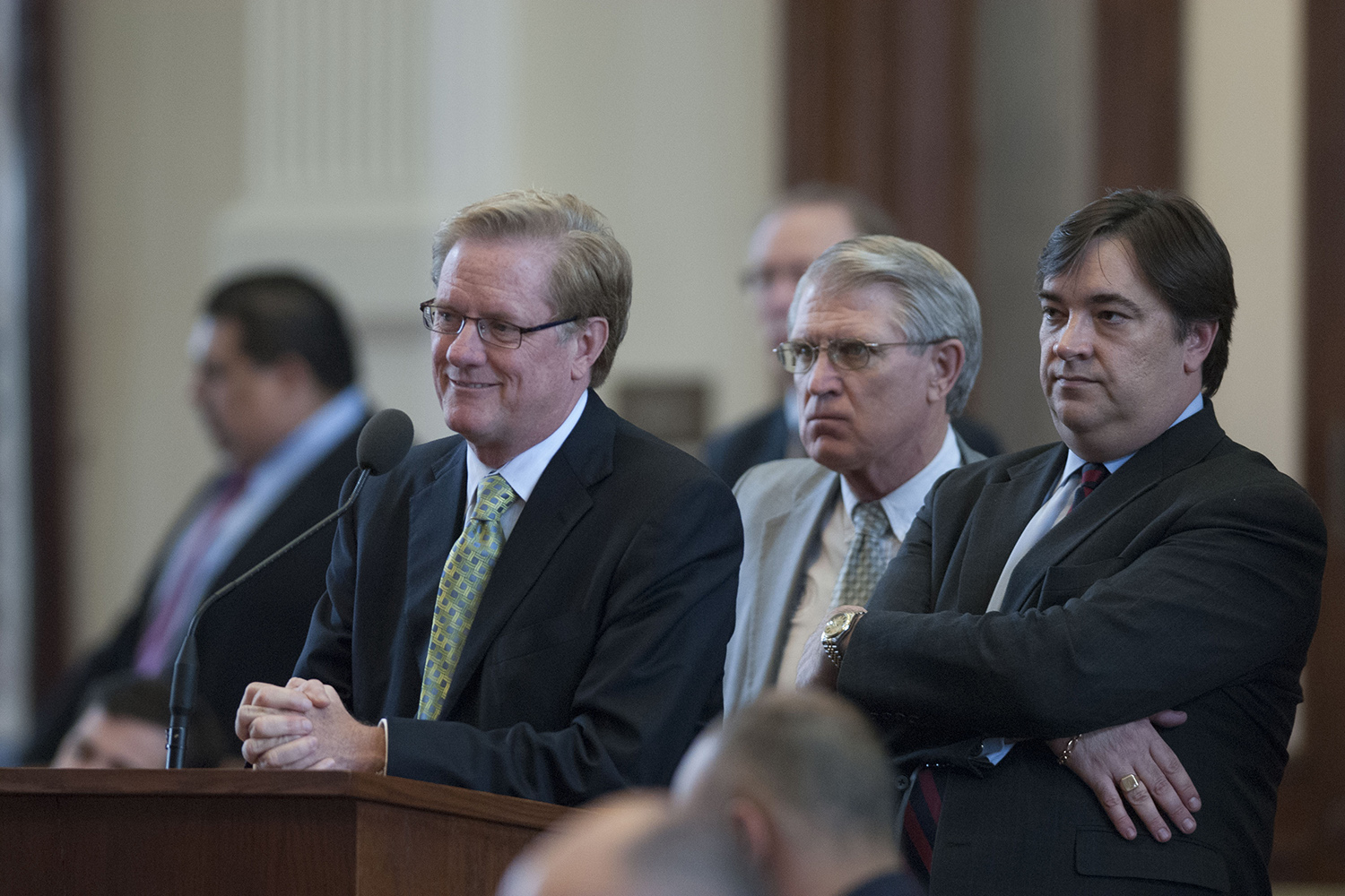 From left to right: State Reps. Jim Pitts, R-Waxahachie, Robert Talton, R-Pasadena, and Jim Dunnam, D-Waco, in the Texas House on May 26, 2007.