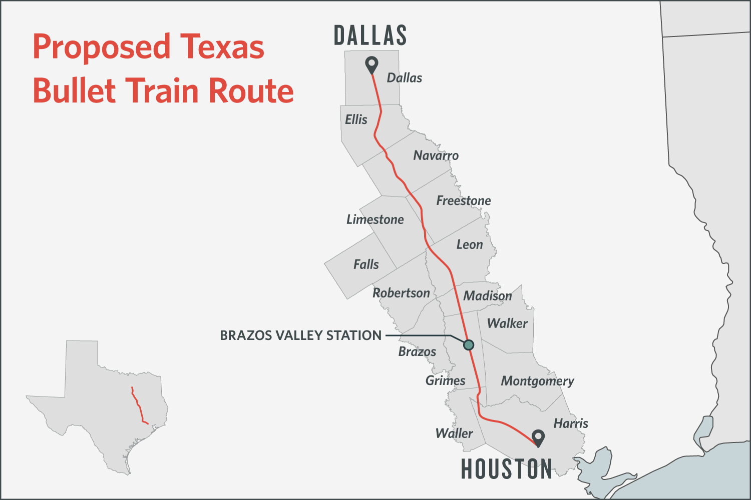 Central Texas Partners in December released this map showing the likely route of a high-speed rail line between Dallas and Houston.