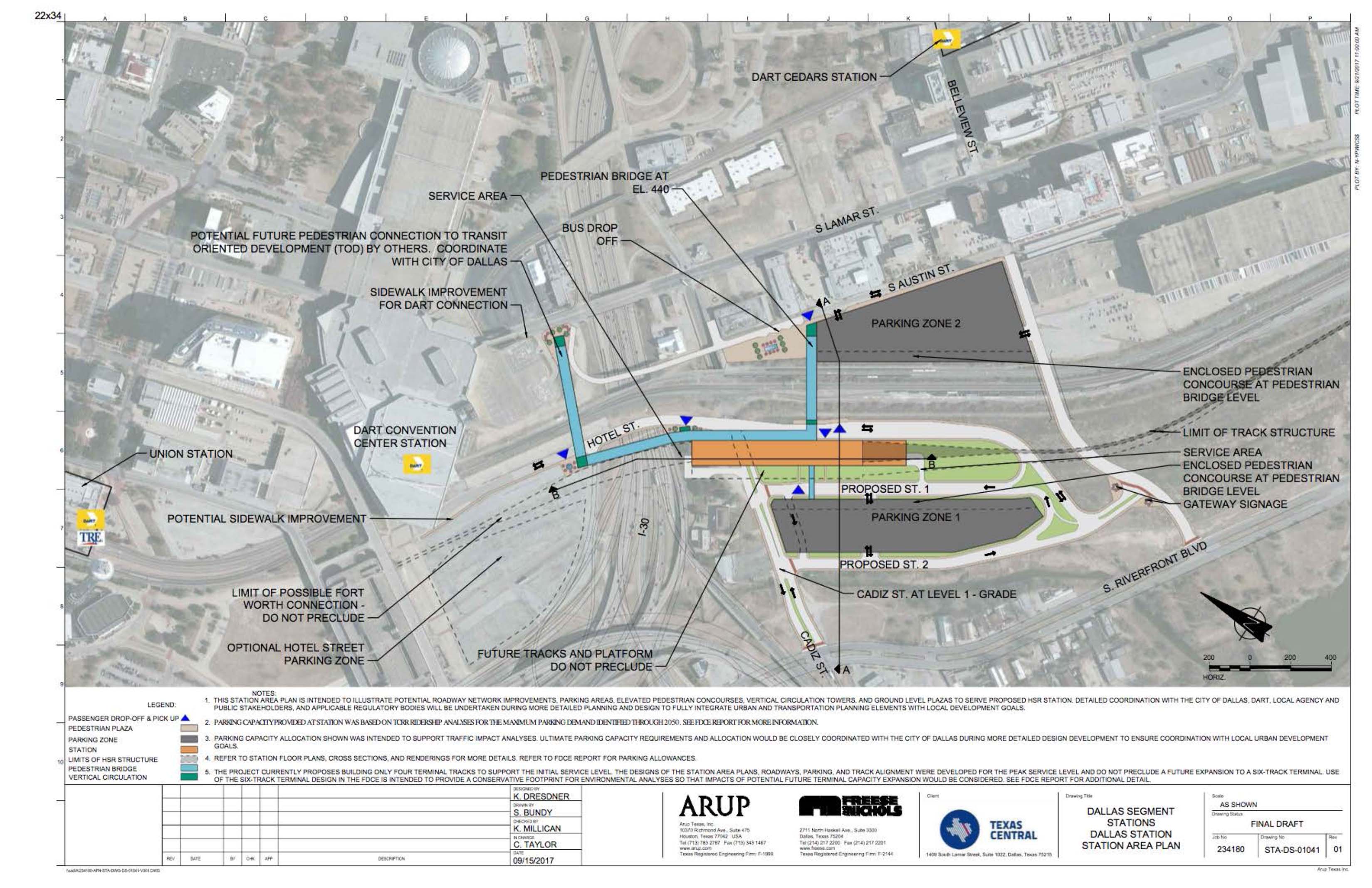 Texas Central Partners plan to build the Dallas bullet train station just south of downtown and add a pedestrian connection to the city's convention center and an existing Dallas Area Rapid Transit light-rail station. 