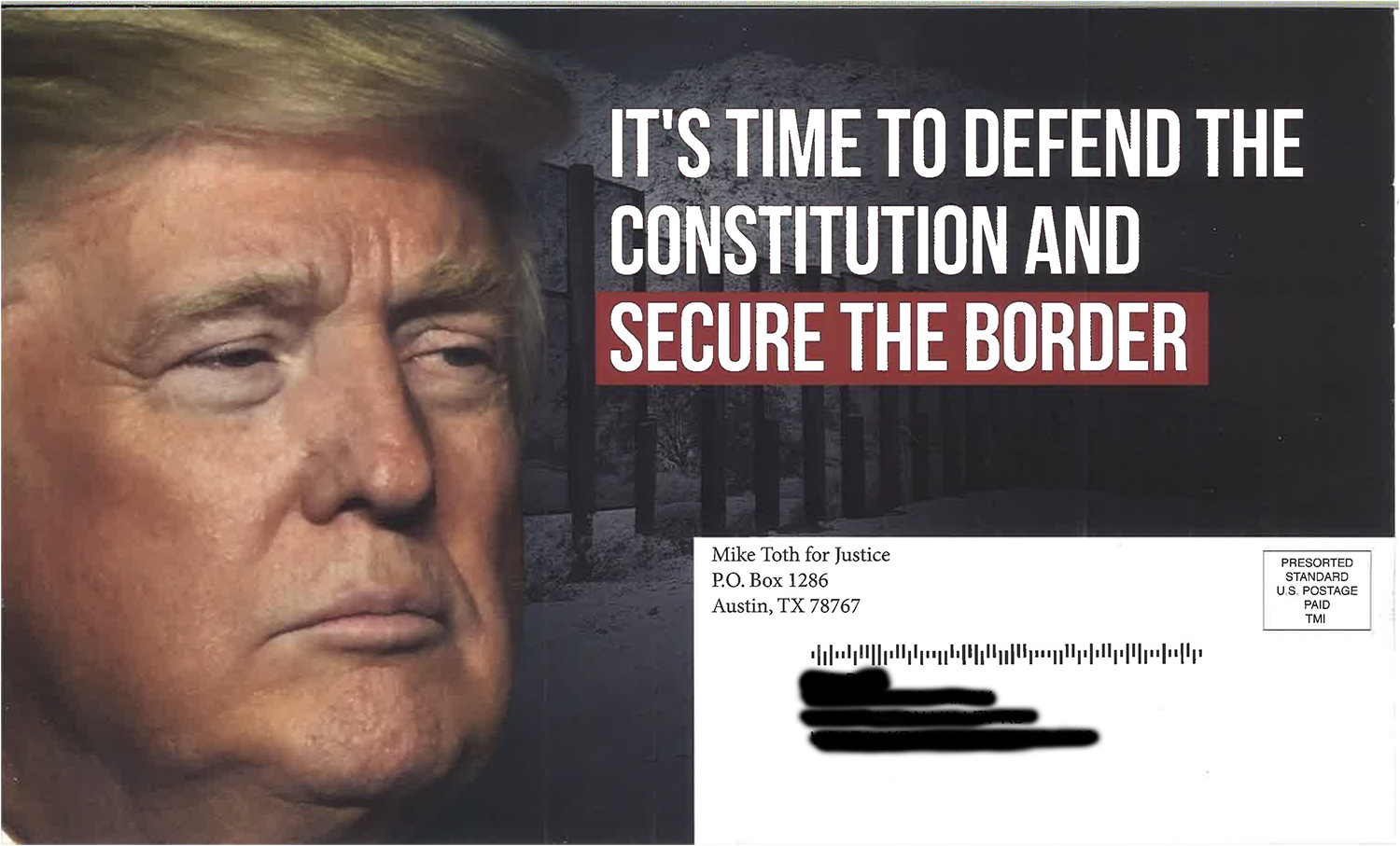 Republican court candidate Mike Toth, going beyond the typical tactic of promoting a certain judicial philosophy, is openly embracing Donald Trump and hot-button social issues in his race for the 3rd Court of Appeals. This is one side of a recent mail advertisement he sent out.