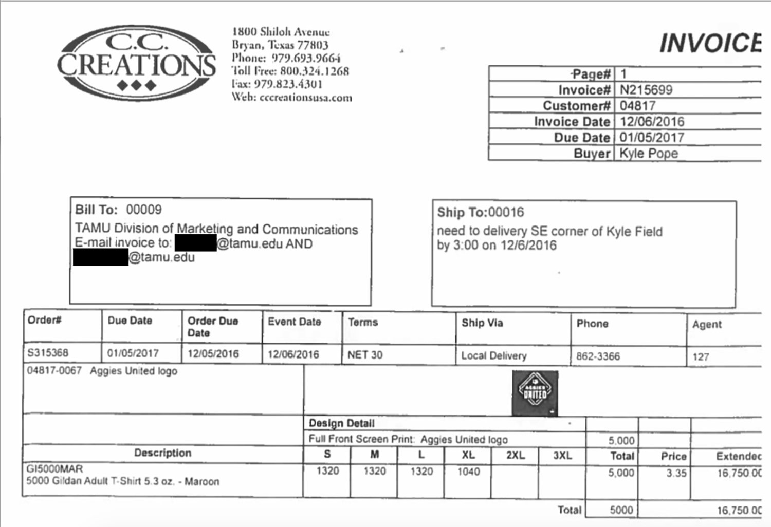 Texas A&M University receipt provided to The Texas Tribune through an open records request.