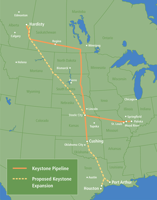 Map of TransCanada's Keystone and proposed Keystone XL oil pipeline. 