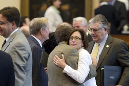 State Rep. Lois Kolkhorst, R-Brenham, gets a hug as the House adjourns sine die on June 29, 2011.