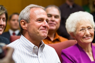 Michael Morton sits beside his mother, Patricia Morton, during an emotional press conference in October 2011 after a judge agreed to release him on personal bond after he spent nearly 25 years in prison for the murder of his wife. Recently tested DNA indicates another man committed the 1986 killing.