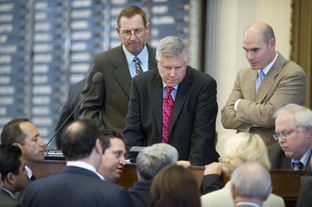 Republican State Reps.  Byron Cook (l), R-Corsicana, Burt Solomons (c), R-Carrollton, and Dennis Bonnen, R-Angleton, listen to a point of order on HB12 sanctuary cities bill on May 6, 2011.