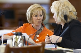 Sen. Florence Shapiro (l), R-Plano, visits with Health & Human Services Committee chairman Sen. Jane Nelson on May 3, 2011.