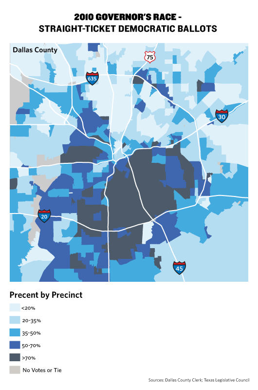 Dallas County has grown increasingly Democratic in the last decade. In the map, darker precincts represent support for Democrats Tony Sanchez and Bill White, who ran in 2002 and 2010, respectively. 