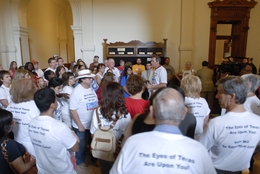 Texas teachers from Save Texas Schools crowd the hallway outside the House chamber protesting budget cuts on Saturday, May 21, 2011.