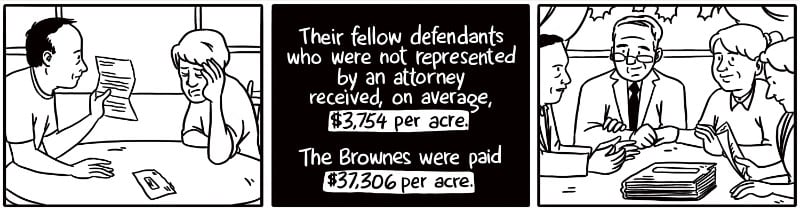 Their fellow defendants who were not represented by an attorney received, on average, $3,754 per acre. The Brownes were paid $37,306 per acre.